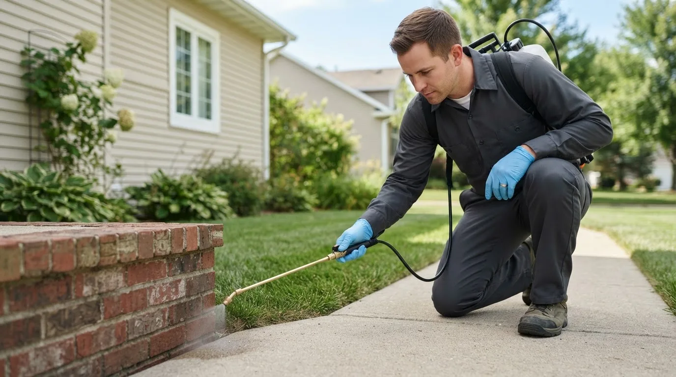 Pest control technician treating a home near Campbellsport, WI