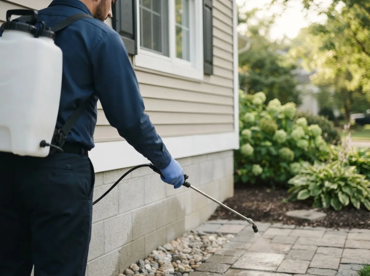 Pest control technician inspecting a home in Campbellsport, WI